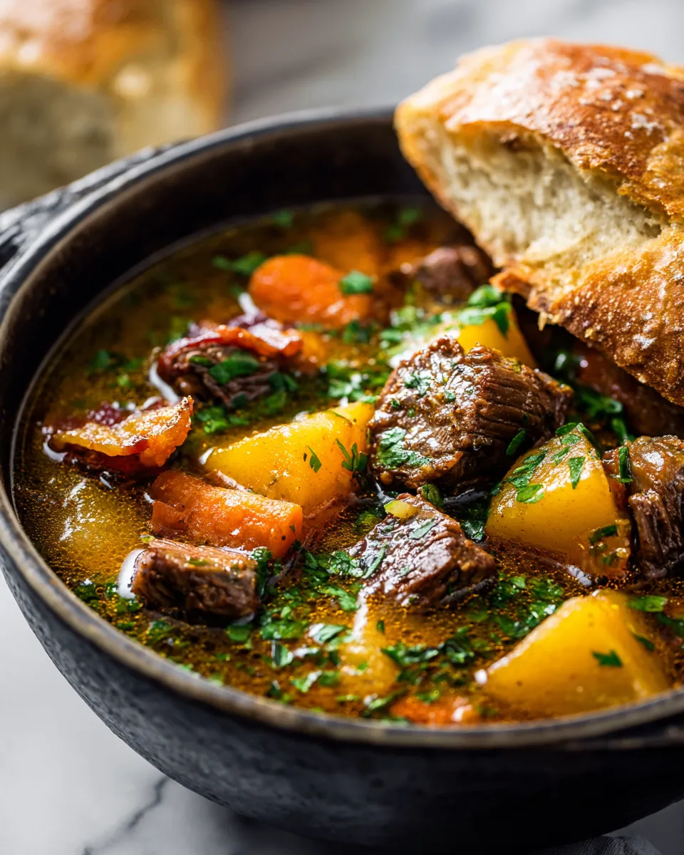 Hearty bacon beef stew made with tender beef, crispy bacon, and fresh vegetables, perfect for cozy gatherings.