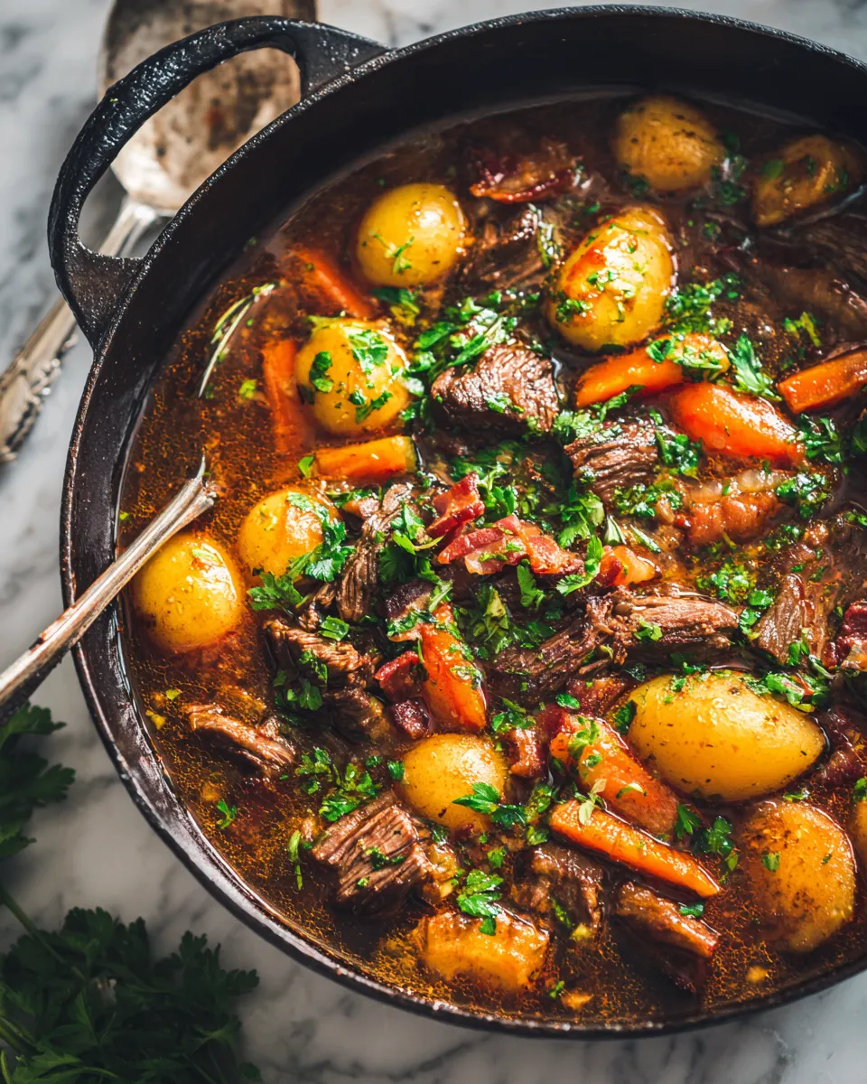 Hearty bacon beef stew made with tender beef, crispy bacon, and fresh vegetables, perfect for cozy gatherings.