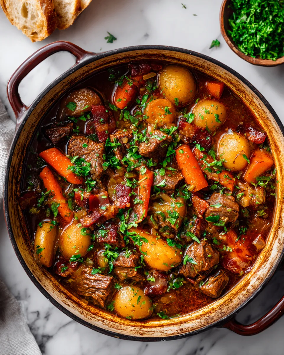 Hearty bacon beef stew made with tender beef, crispy bacon, and fresh vegetables, perfect for cozy gatherings.