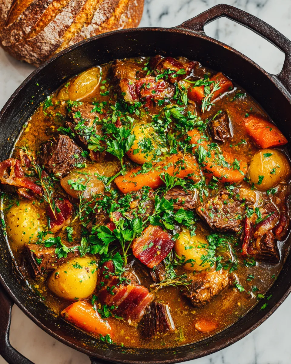 Hearty bacon beef stew made with tender beef, crispy bacon, and fresh vegetables, perfect for cozy gatherings.