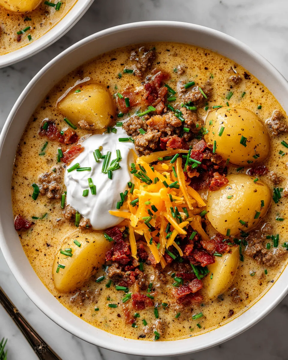 Bowl of creamy Bacon Cheeseburger Soup topped with crispy bacon and fresh chives, perfect for chilly evenings.