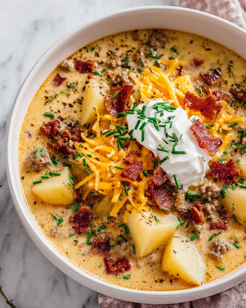 Bowl of creamy Bacon Cheeseburger Soup topped with crispy bacon and fresh chives, perfect for chilly evenings.