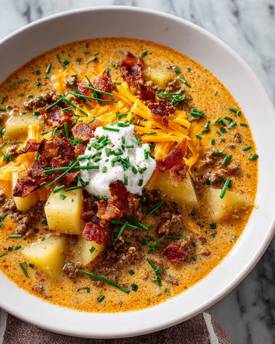 Bowl of creamy Bacon Cheeseburger Soup topped with crispy bacon and fresh chives, perfect for chilly evenings.