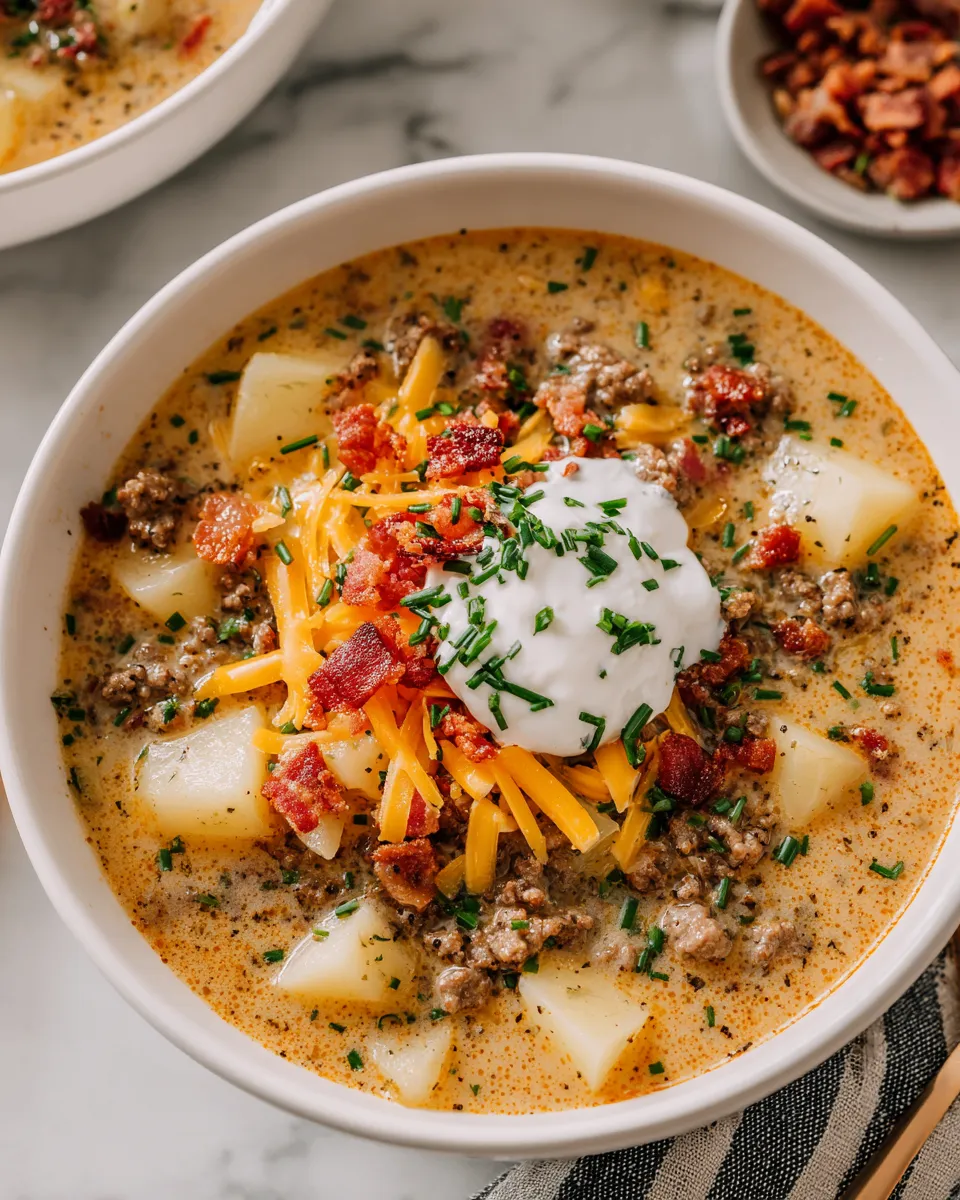 Bowl of creamy Bacon Cheeseburger Soup topped with crispy bacon and fresh chives, perfect for chilly evenings.
