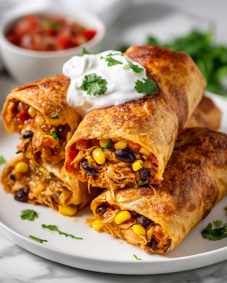Delicious Baked Chicken Chimichangas, crispy tortillas filled with chicken and cheese. A comforting meal perfect for gatherings.