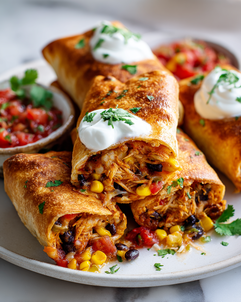 Delicious Baked Chicken Chimichangas, crispy tortillas filled with chicken and cheese. A comforting meal perfect for gatherings.