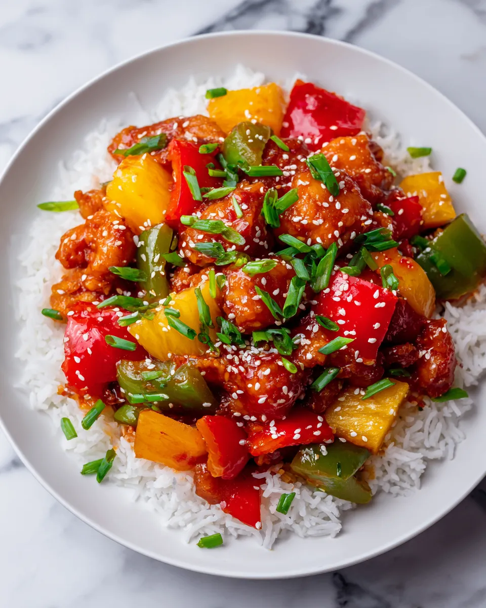 Baked sweet and sour chicken with bell peppers and pineapple, a vibrant dish perfect for holiday gatherings.