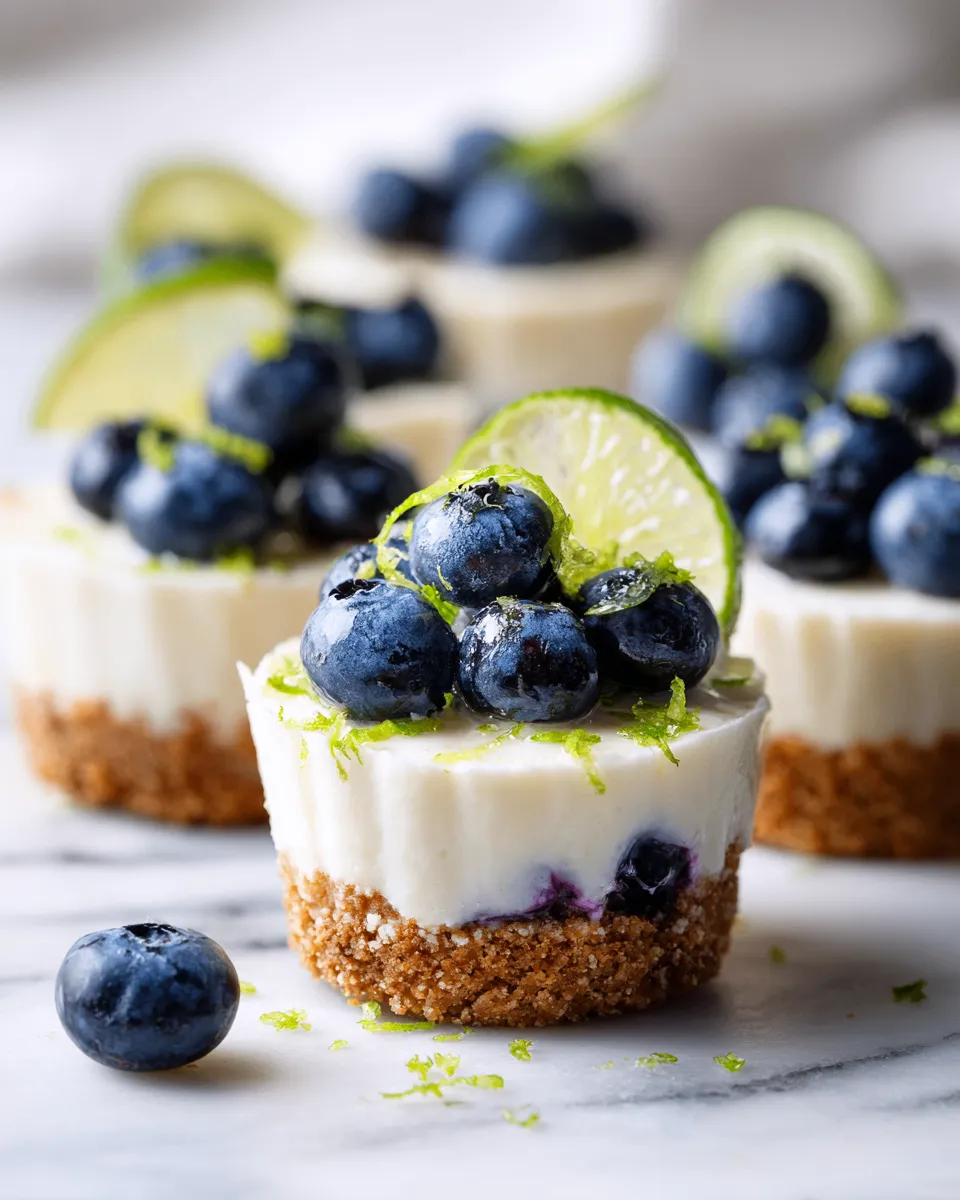 Blueberry lime cheesecake cups with creamy filling and fresh blueberries, a perfect dessert for holiday celebrations.