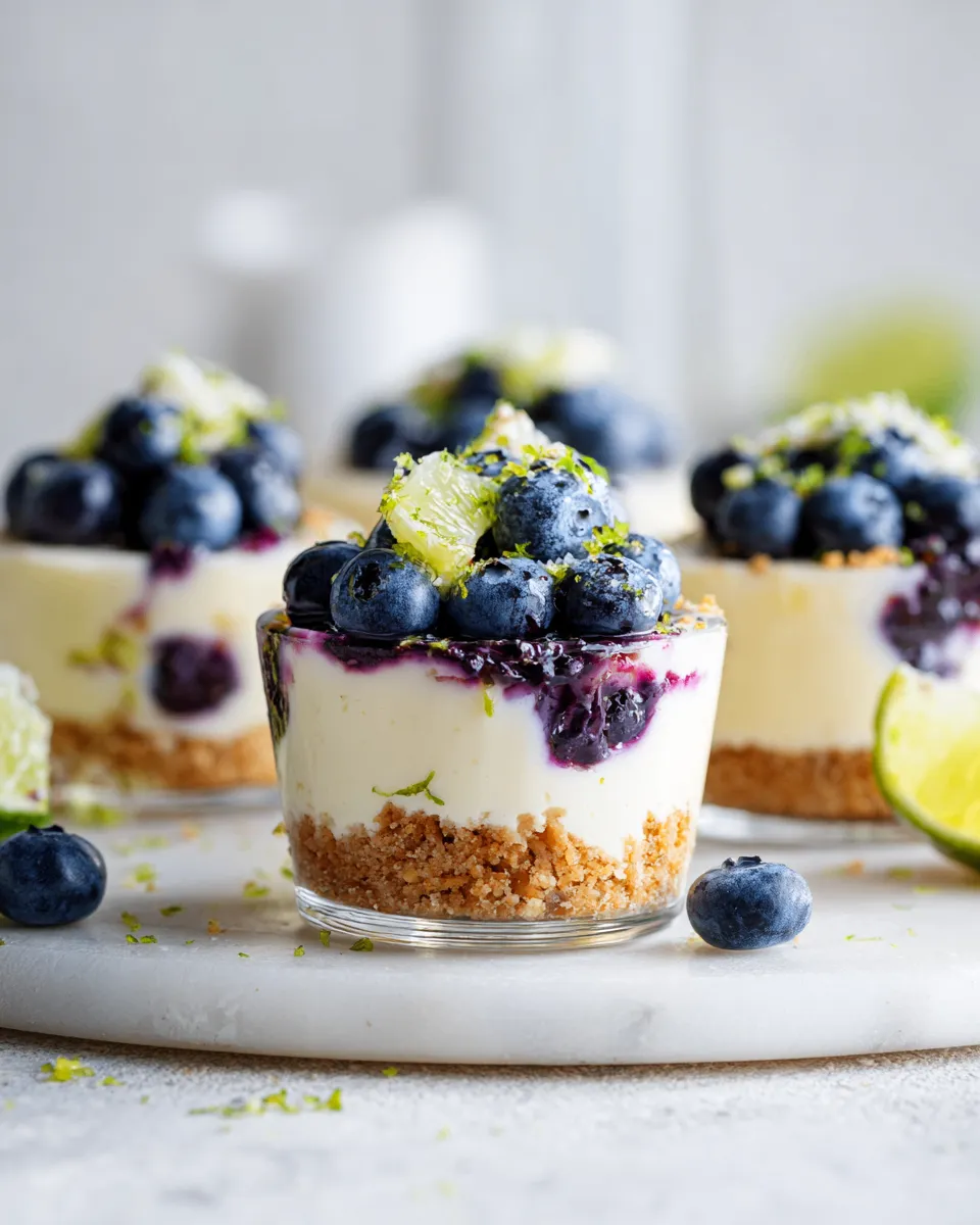 Blueberry lime cheesecake cups with creamy filling and fresh blueberries, a perfect dessert for holiday celebrations.