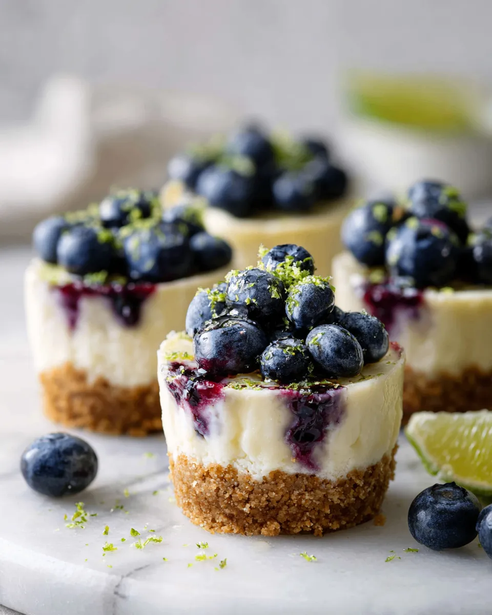 Blueberry lime cheesecake cups with creamy filling and fresh blueberries, a perfect dessert for holiday celebrations.