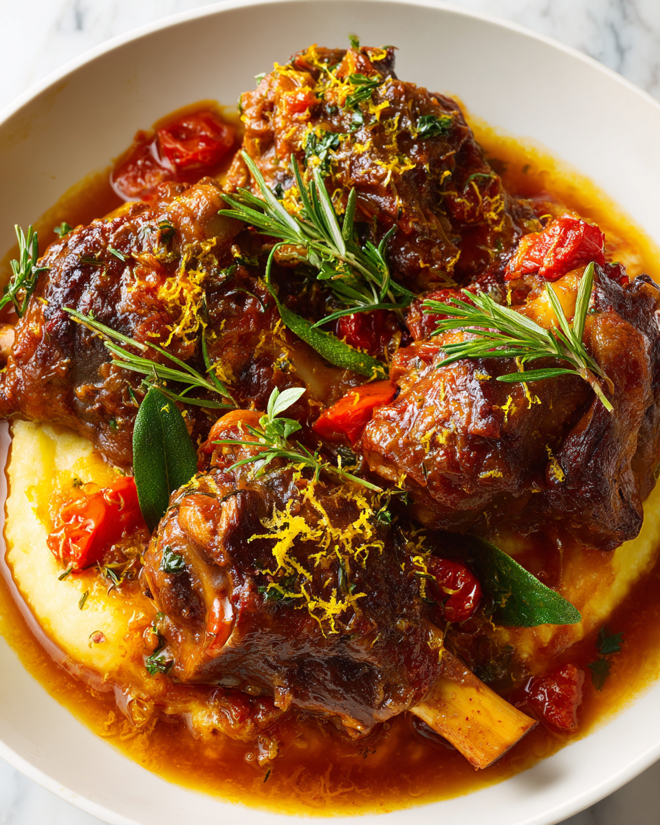 Delicious braised lamb shanks served with sauce, a festive dish perfect for holiday dinners.