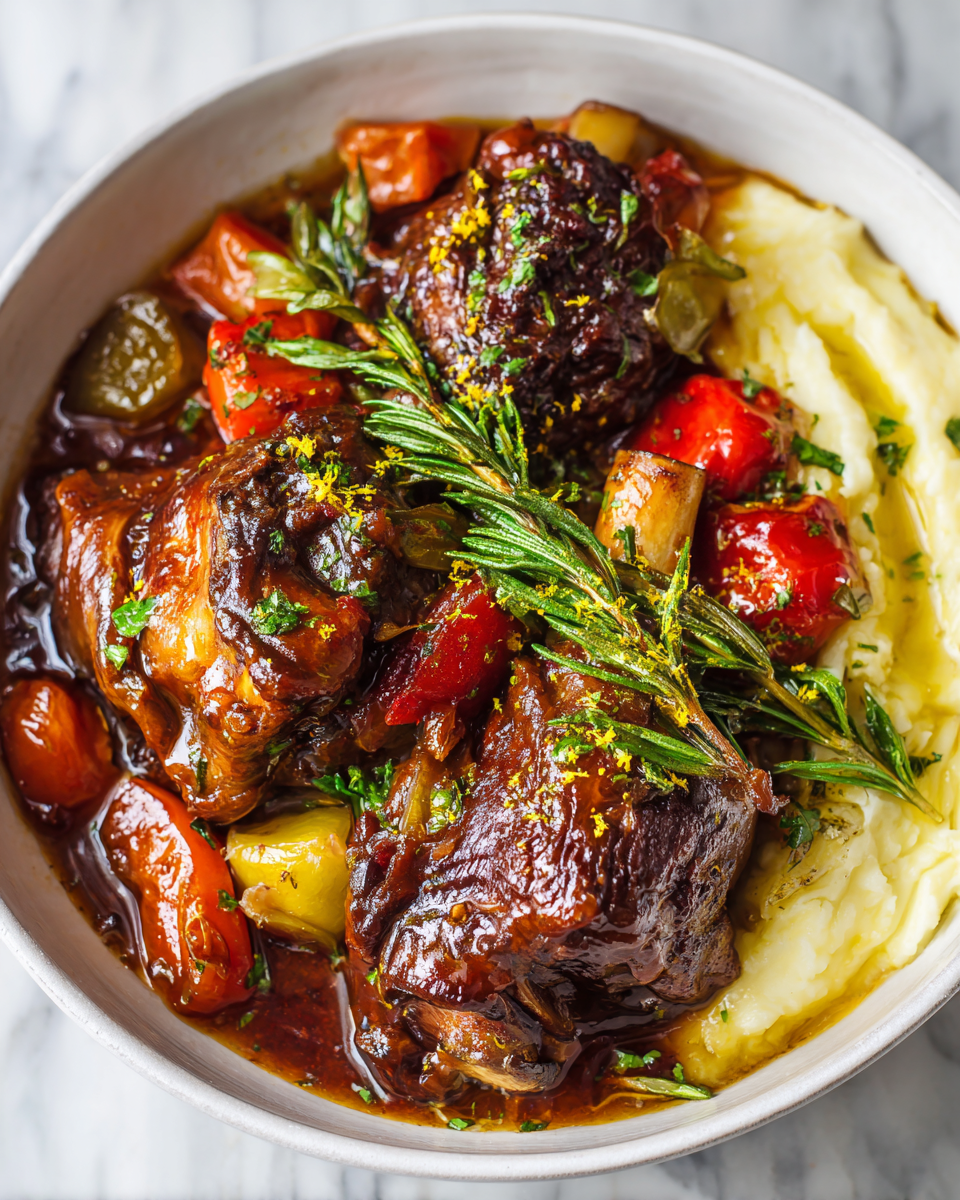 Delicious braised lamb shanks served with sauce, a festive dish perfect for holiday dinners.
