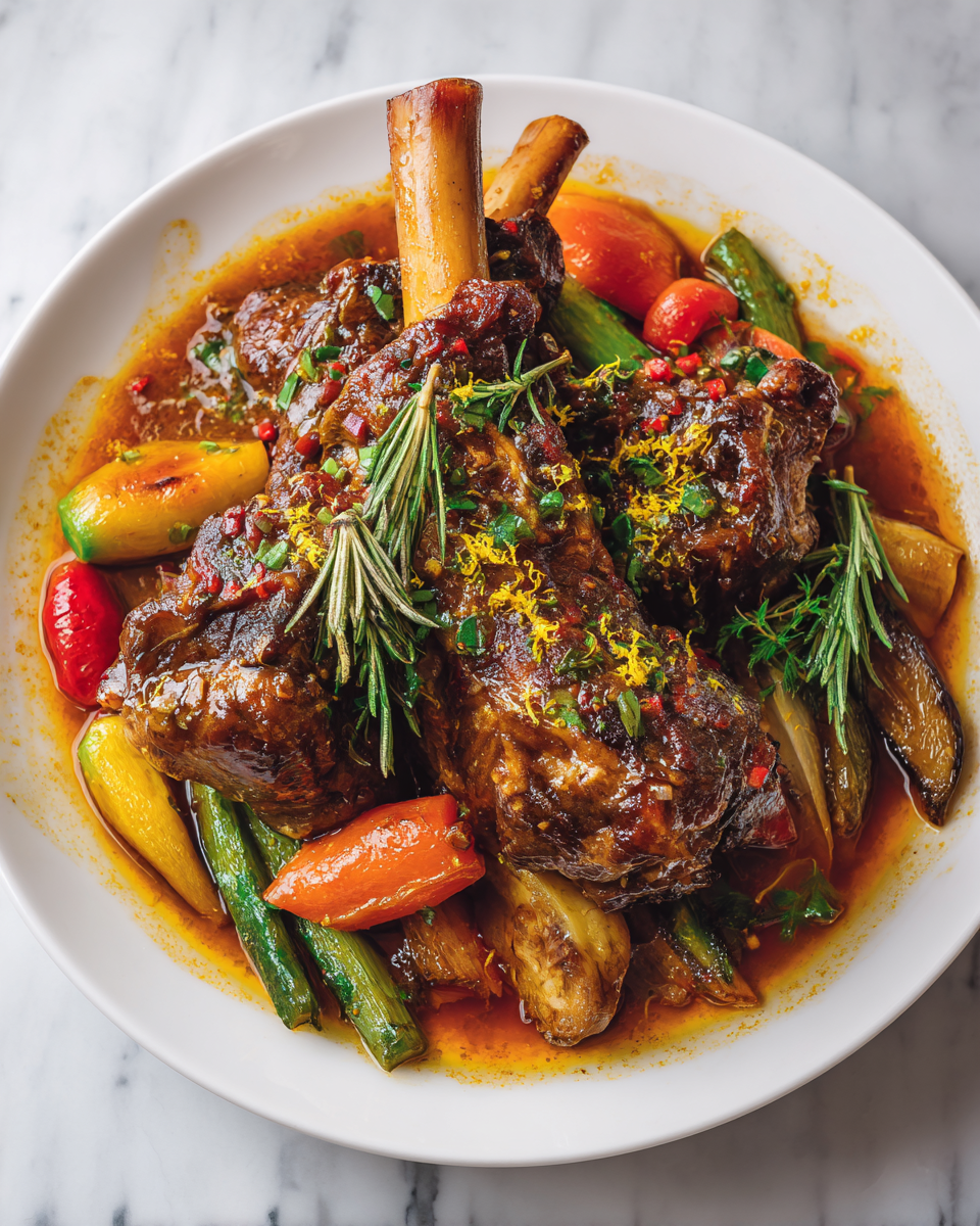 Delicious braised lamb shanks served with sauce, a festive dish perfect for holiday dinners.