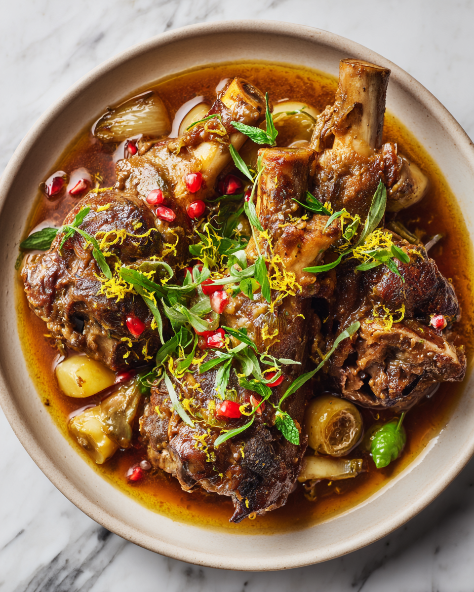 Delicious braised lamb shanks served with sauce, a festive dish perfect for holiday dinners.