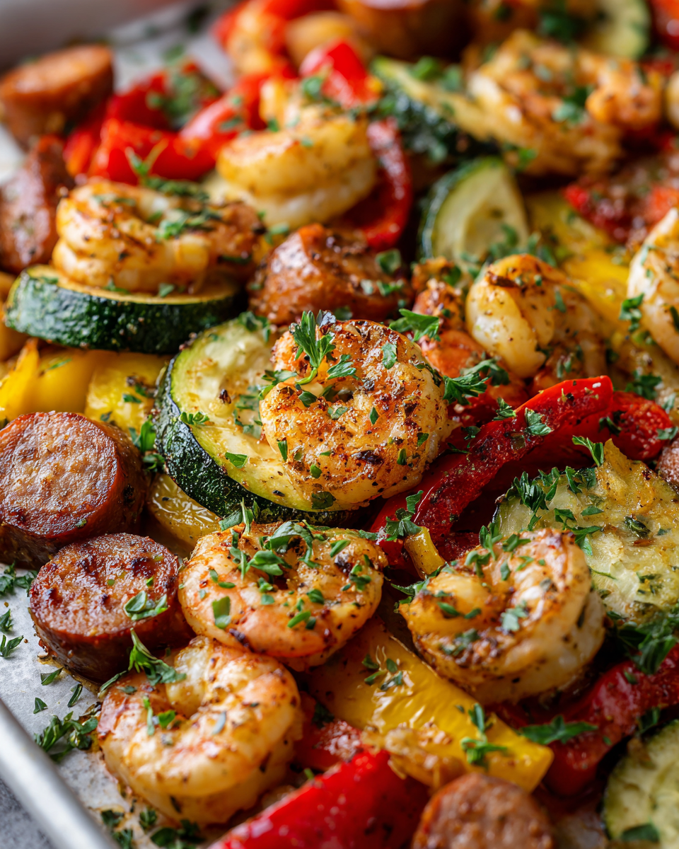 Cajun shrimp and sausage sheet pan meal with seasonal vegetables, easy recipe, holiday dish, flavorful one-pan dinner.
