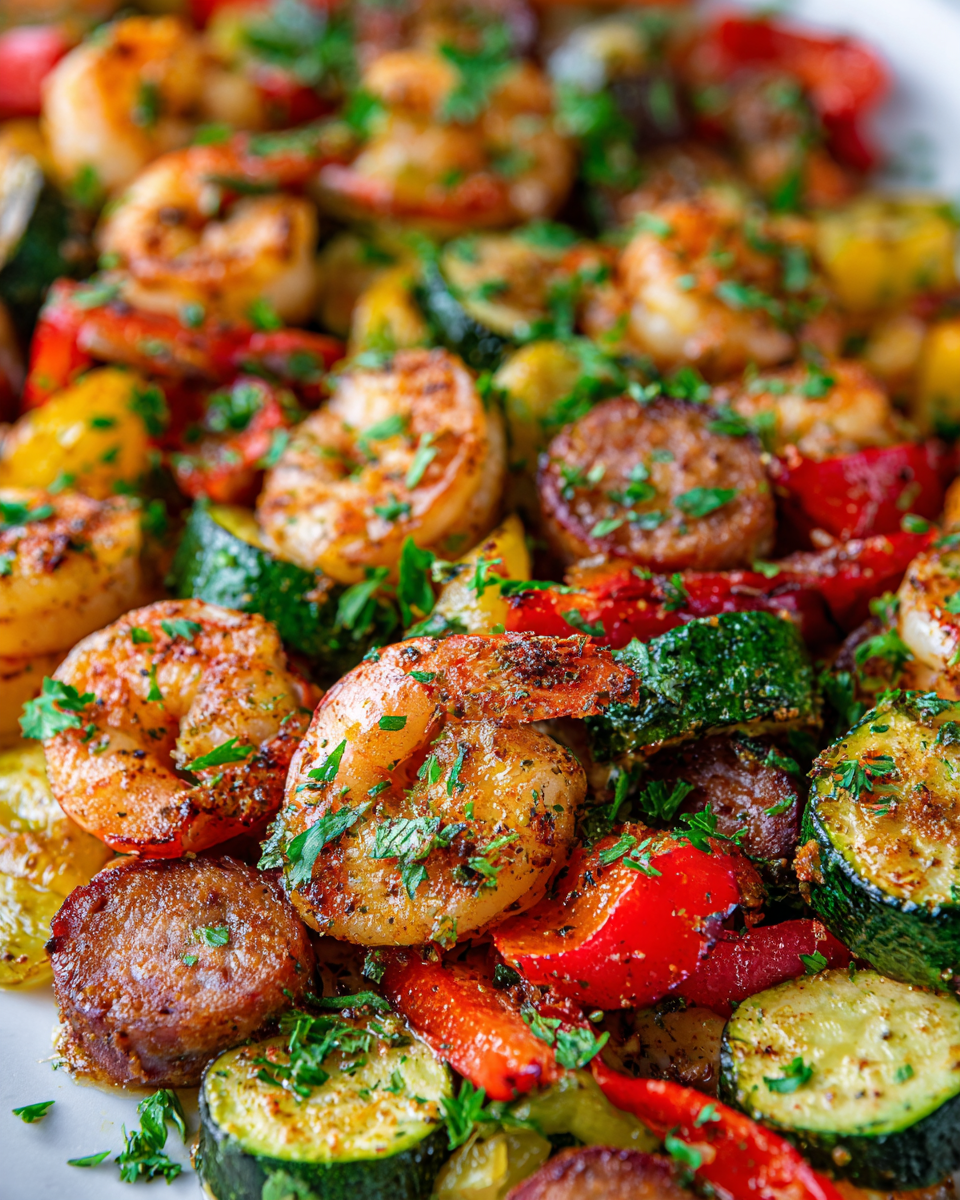 Cajun shrimp and sausage sheet pan meal with seasonal vegetables, easy recipe, holiday dish, flavorful one-pan dinner.