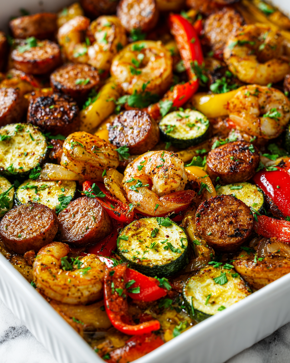 Cajun shrimp and sausage sheet pan meal with seasonal vegetables, easy recipe, holiday dish, flavorful one-pan dinner.