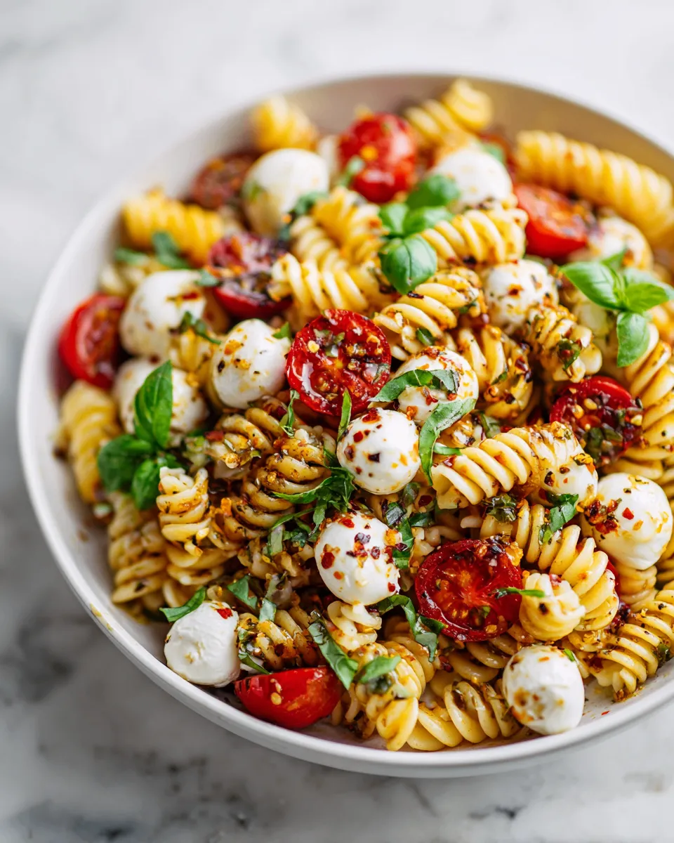 Vibrant Caprese Pasta Salad with mozzarella, cherry tomatoes, and fresh basil, perfect for autumn gatherings