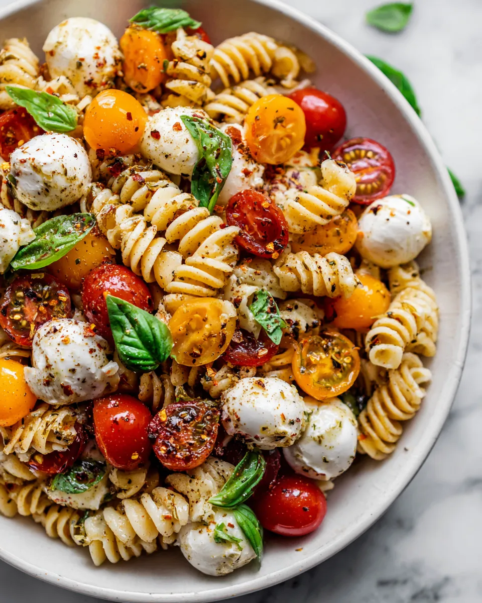 Vibrant Caprese Pasta Salad with mozzarella, cherry tomatoes, and fresh basil, perfect for autumn gatherings