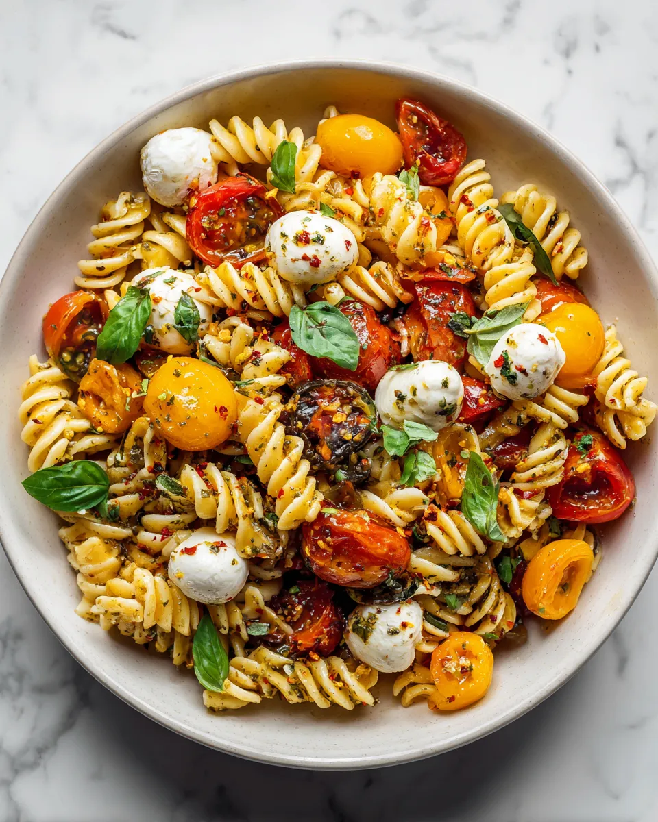 Vibrant Caprese Pasta Salad with mozzarella, cherry tomatoes, and fresh basil, perfect for autumn gatherings