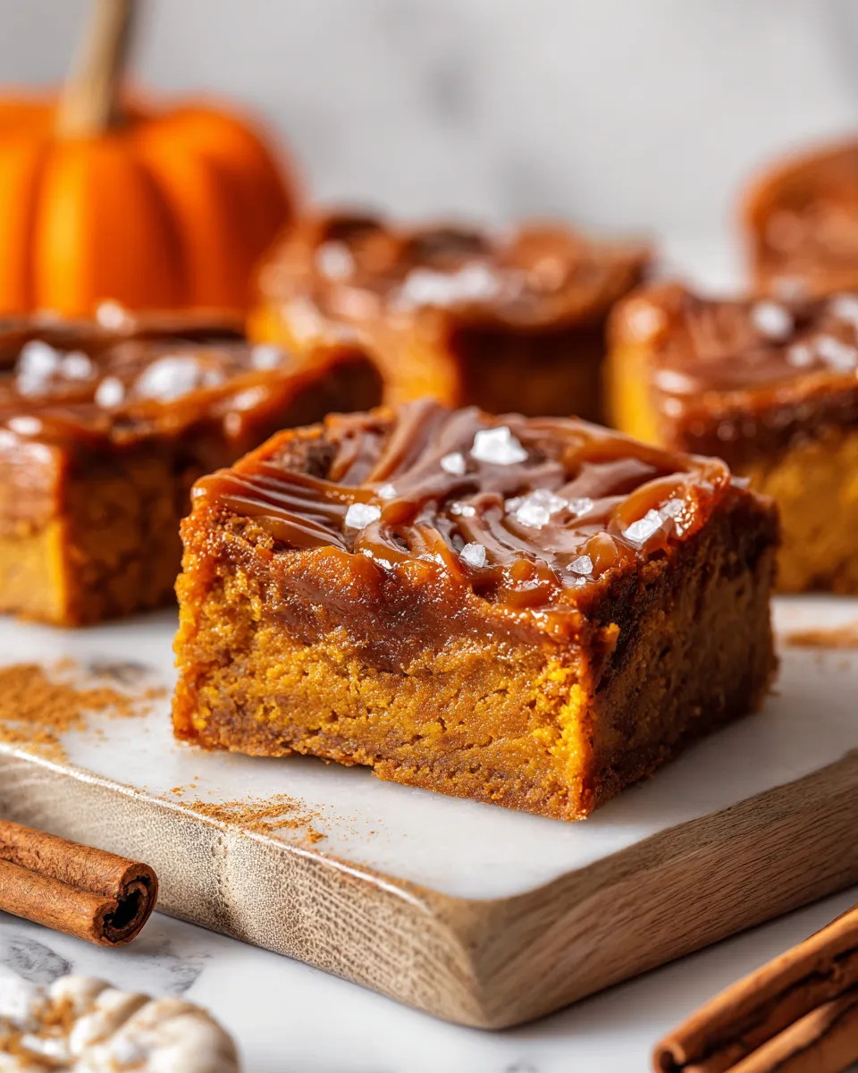 Deliciously gooey caramel pumpkin blondies topped with rich caramel sauce, perfect for autumn gatherings, and Thanksgiving dessert tables.