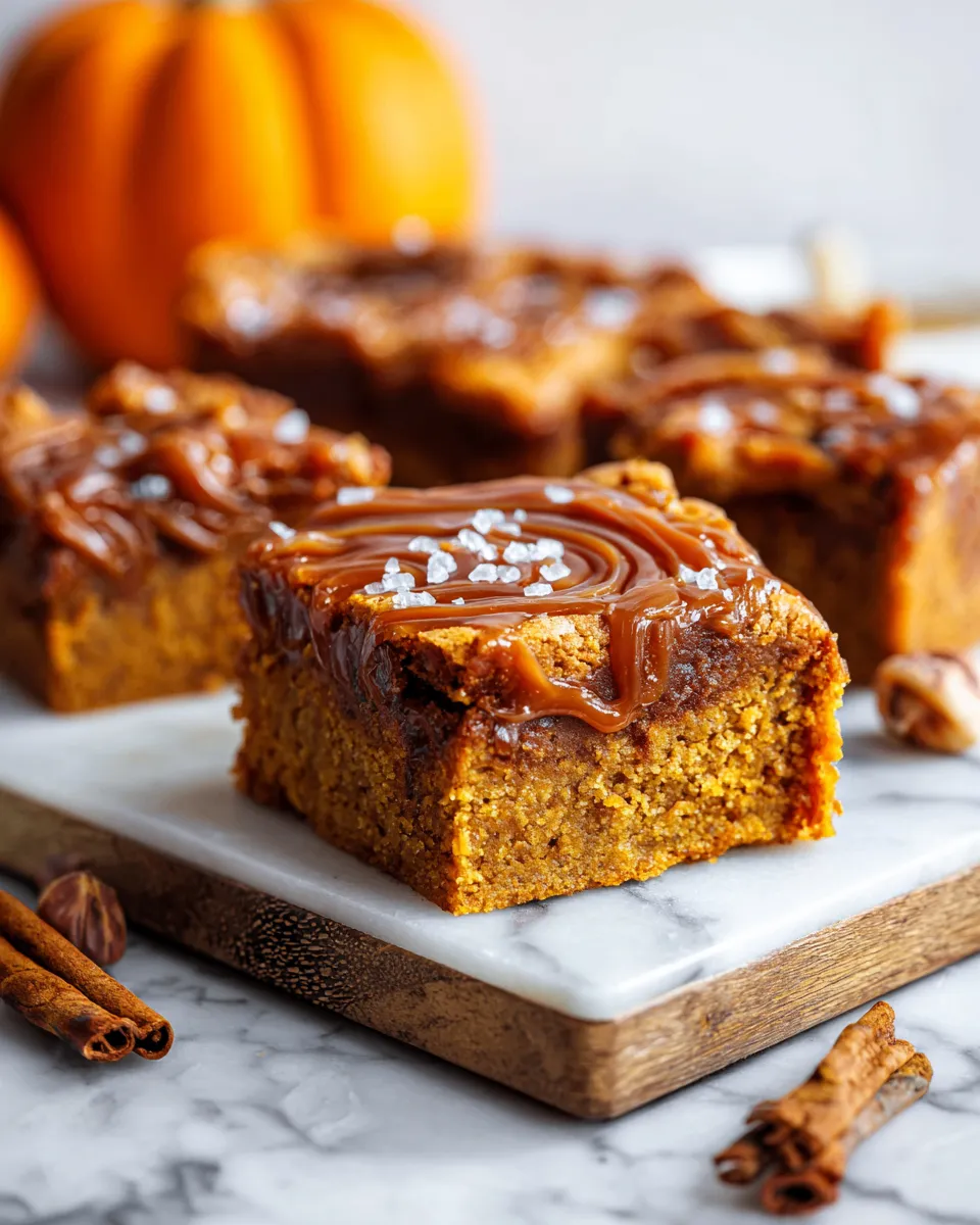 Deliciously gooey caramel pumpkin blondies topped with rich caramel sauce, perfect for autumn gatherings, and Thanksgiving dessert tables.