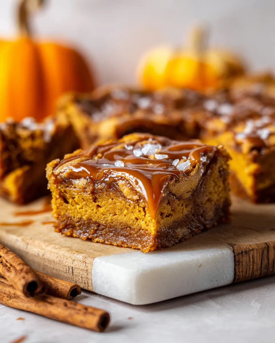 Deliciously gooey caramel pumpkin blondies topped with rich caramel sauce, perfect for autumn gatherings, and Thanksgiving dessert tables.