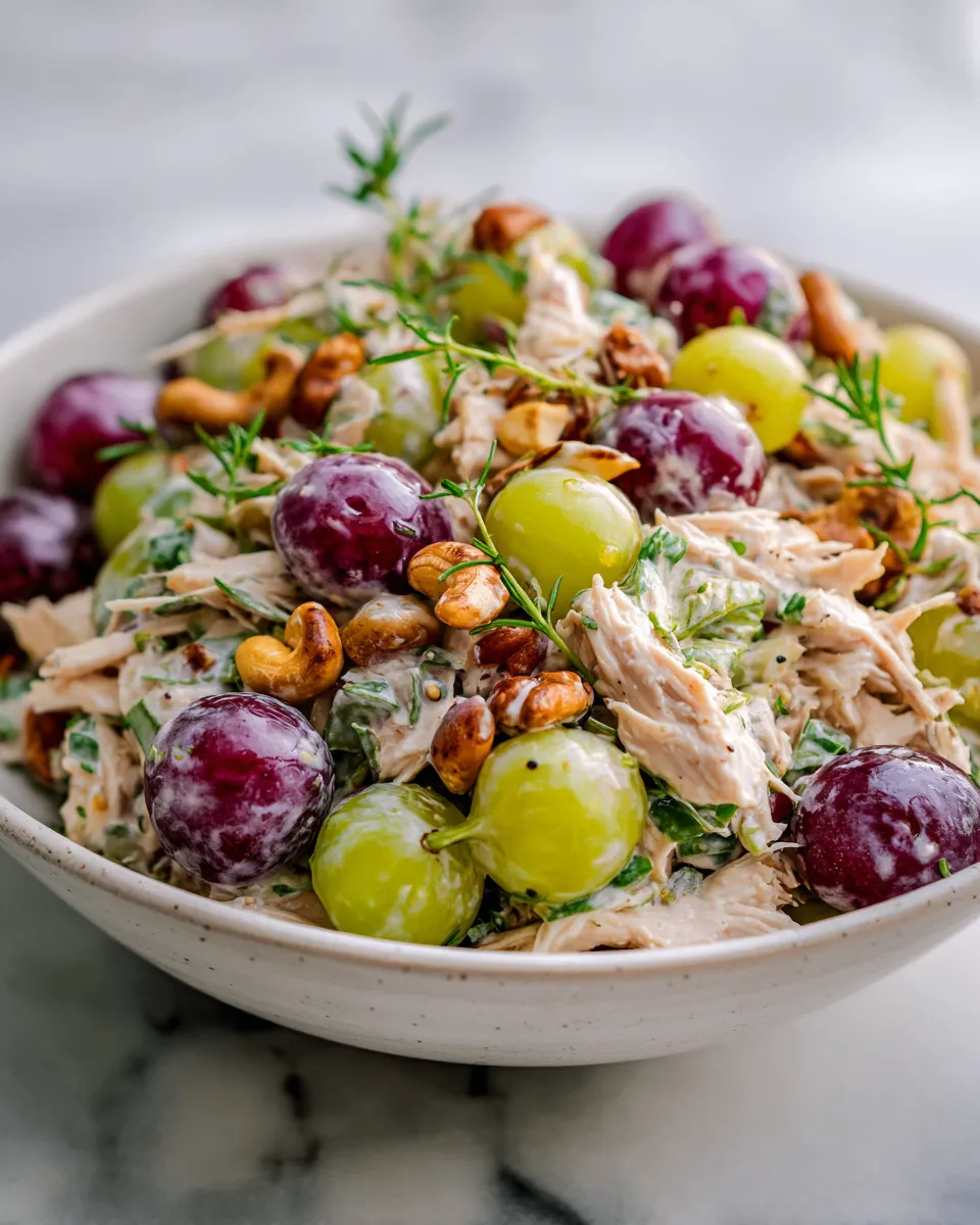 Cashew Chicken Salad with grapes, cashews, and creamy dressing recipe for holiday gatherings