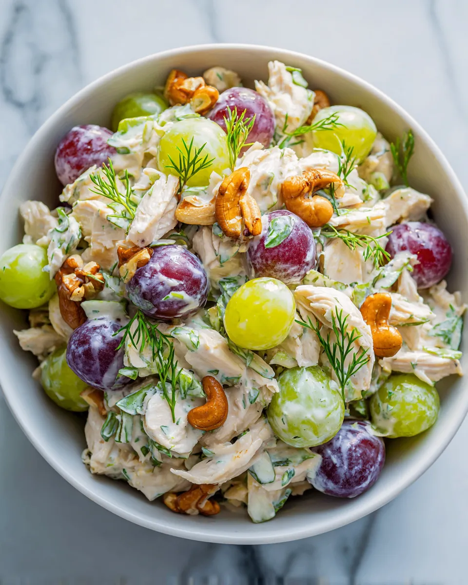 Cashew Chicken Salad with grapes, cashews, and creamy dressing recipe for holiday gatherings