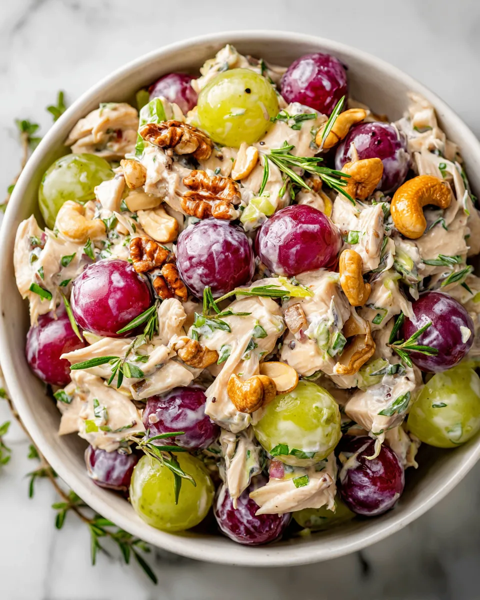 Cashew Chicken Salad with grapes, cashews, and creamy dressing recipe for holiday gatherings