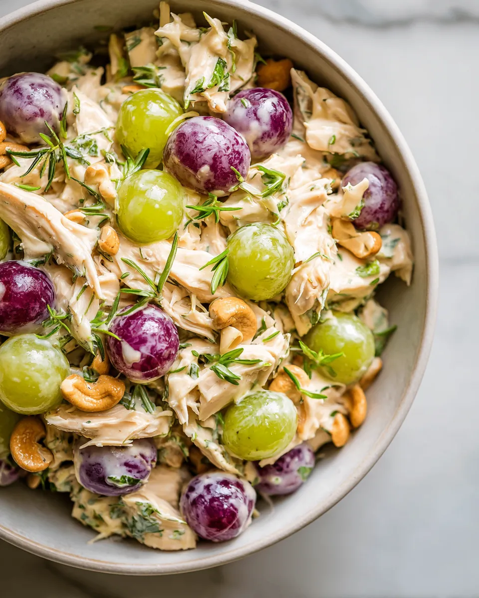 Cashew Chicken Salad with grapes, cashews, and creamy dressing recipe for holiday gatherings