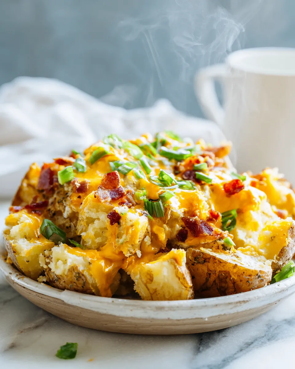 Delicious slow cooker cheesy bacon ranch potatoes topped with crispy bacon and fresh green onions, perfect for fall gatherings.