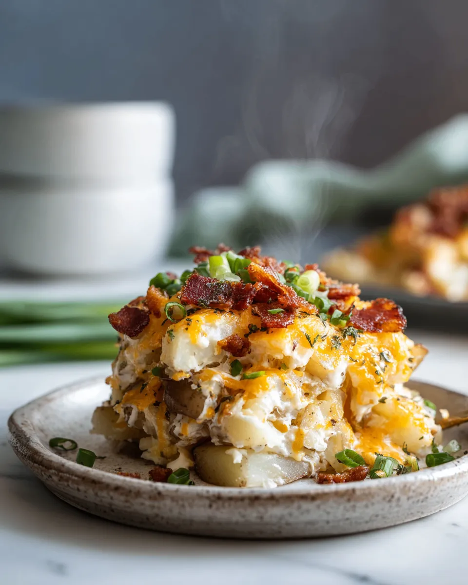 Delicious slow cooker cheesy bacon ranch potatoes topped with crispy bacon and fresh green onions, perfect for fall gatherings.