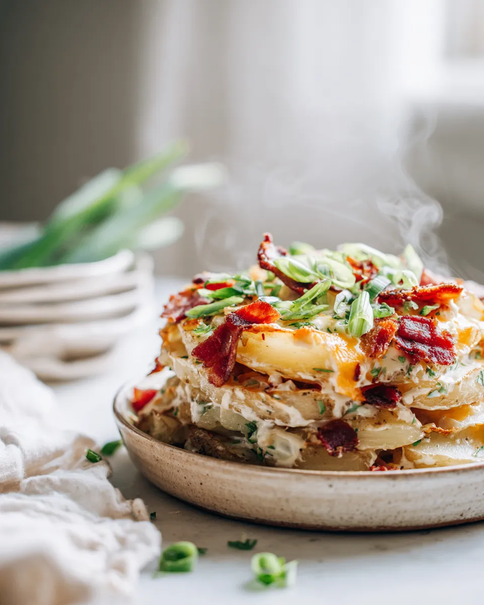 Delicious slow cooker cheesy bacon ranch potatoes topped with crispy bacon and fresh green onions, perfect for fall gatherings.