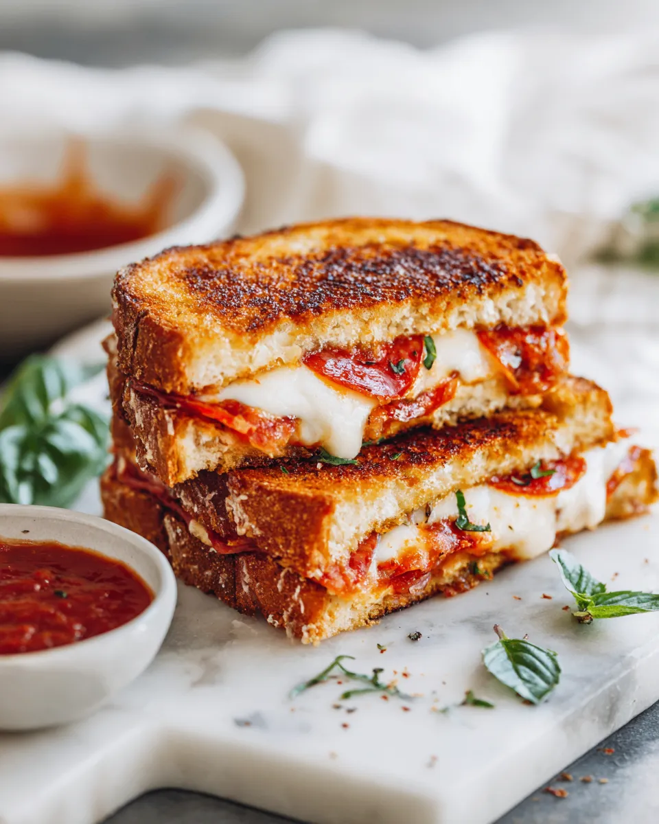 Delicious cheesy pizza panini grilled to perfection, featuring melted cheese and savory sauce, perfect for cozy meals.