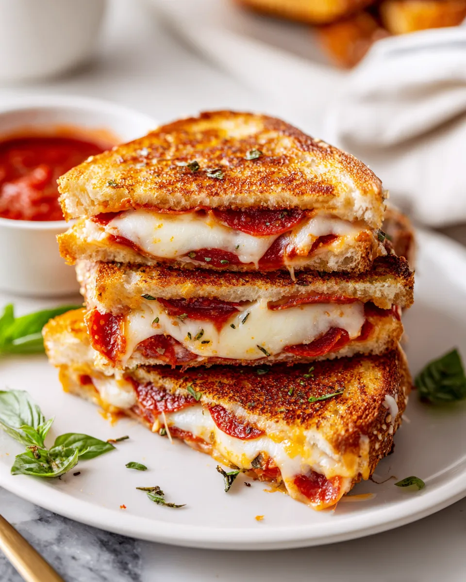 Delicious cheesy pizza panini grilled to perfection, featuring melted cheese and savory sauce, perfect for cozy meals.