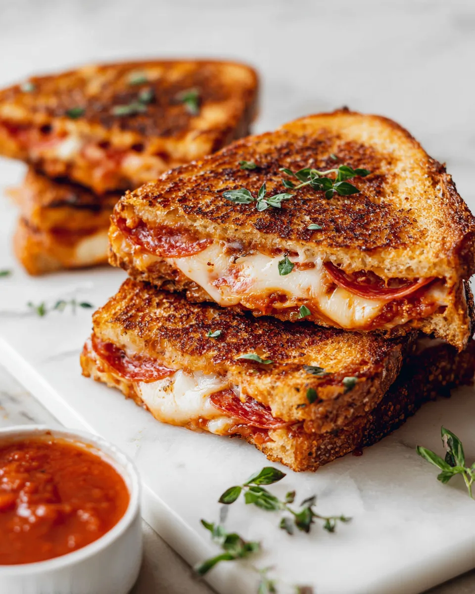 Delicious cheesy pizza panini grilled to perfection, featuring melted cheese and savory sauce, perfect for cozy meals.