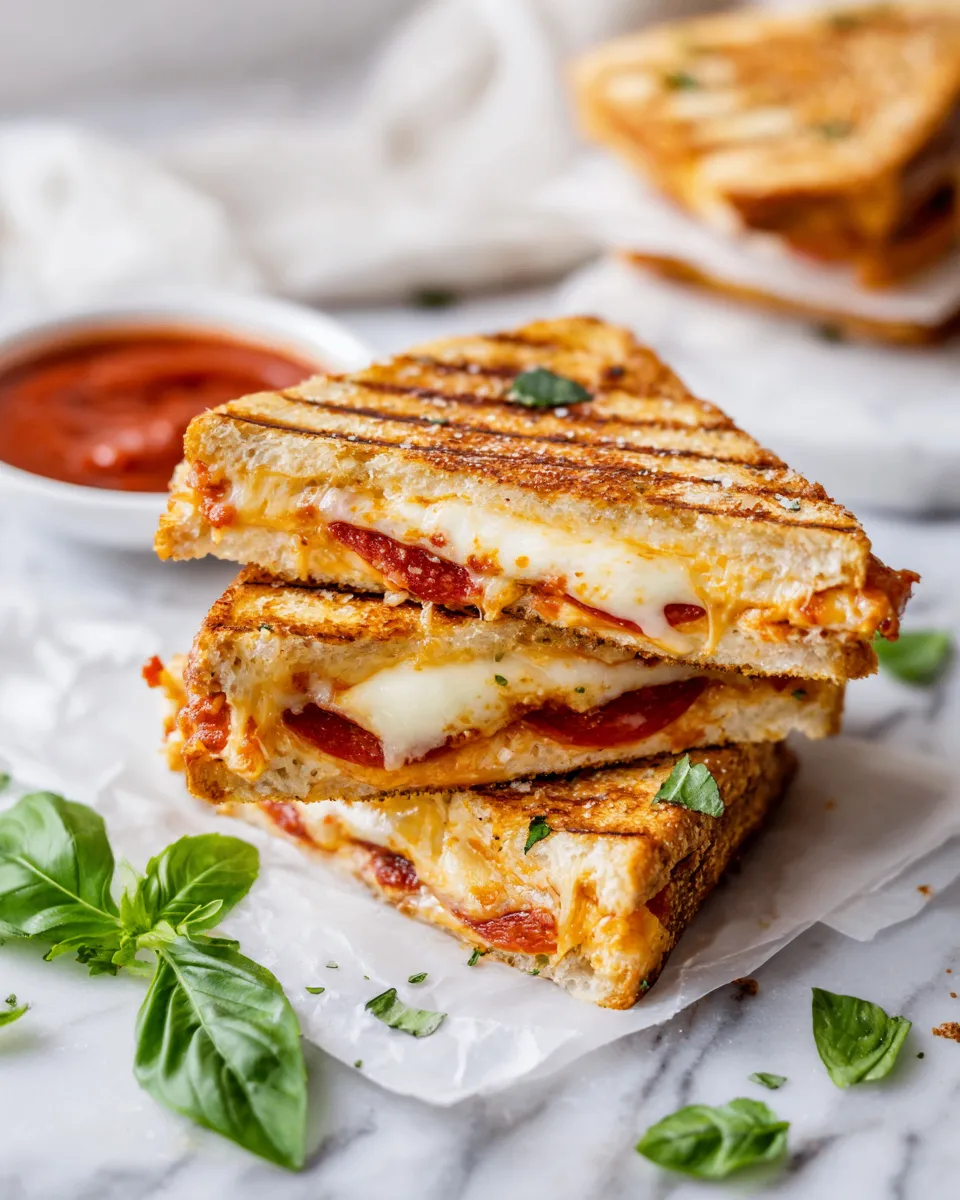 Delicious cheesy pizza panini grilled to perfection, featuring melted cheese and savory sauce, perfect for cozy meals.