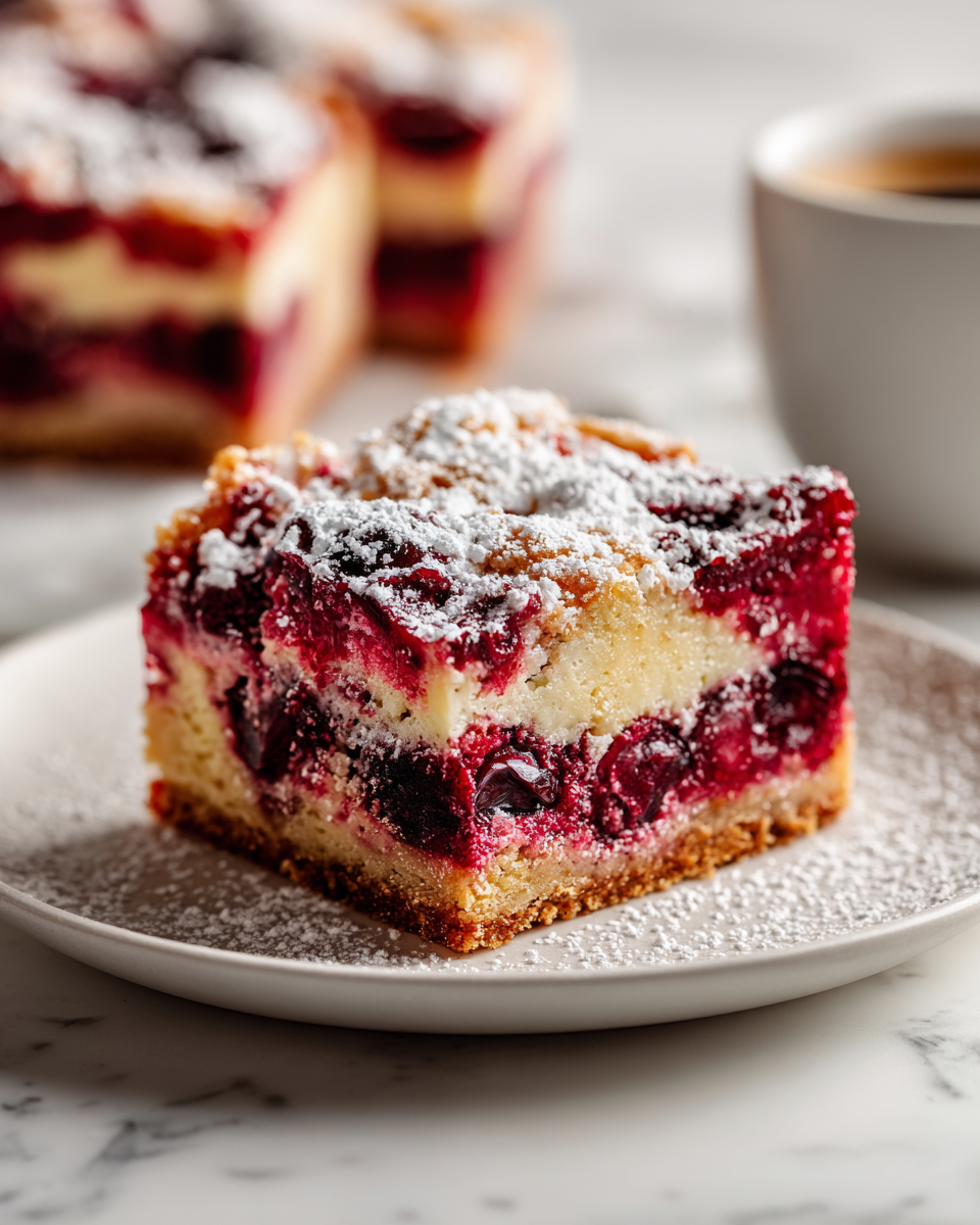 Delicious Cherry Sour Cream Pie Bars with a buttery crust, ideal for cozy gatherings and festive occasions.