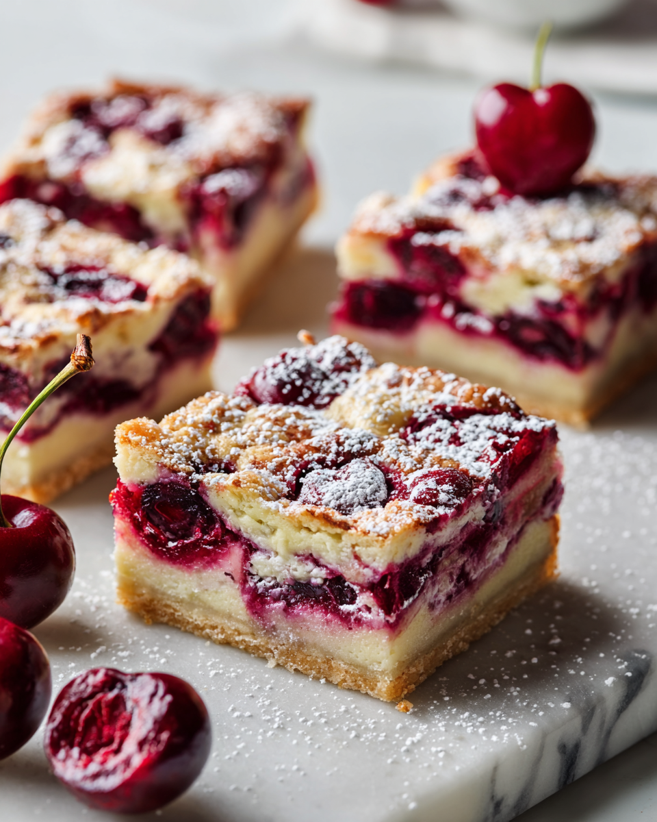 Delicious Cherry Sour Cream Pie Bars with a buttery crust, ideal for cozy gatherings and festive occasions.