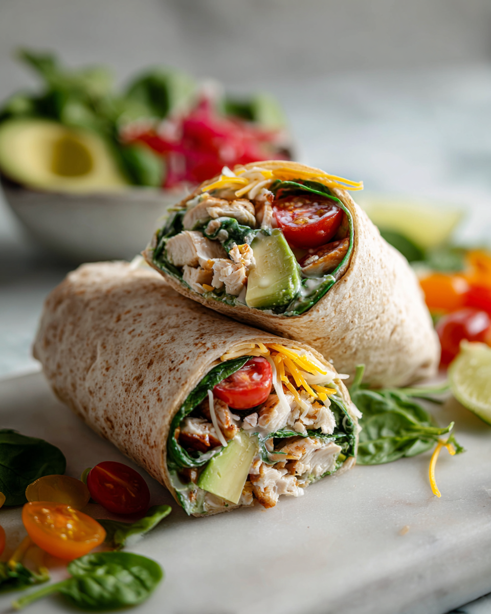 Chicken avocado wrap with seasoned chicken, fresh veggies, and whole wheat tortillas, ready in 30 minutes, nutritious and satisfying meal.