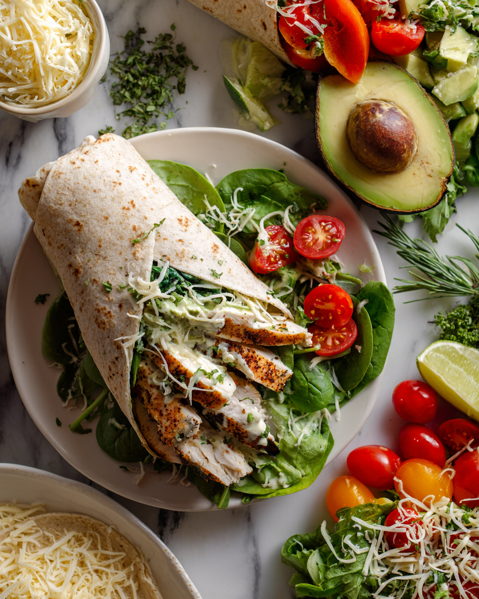 Chicken avocado wrap with seasoned chicken, fresh veggies, and whole wheat tortillas, ready in 30 minutes, nutritious and satisfying meal.