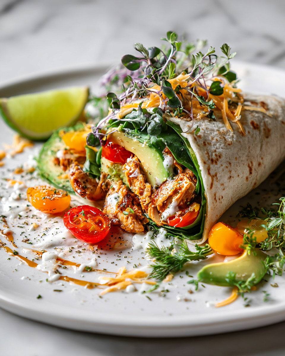 Chicken avocado wrap with seasoned chicken, fresh veggies, and whole wheat tortillas, ready in 30 minutes, nutritious and satisfying meal.
