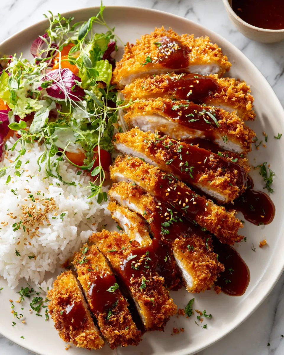 Crispy Chicken Katsu served with tonkatsu sauce and rice, perfect for holiday dinners