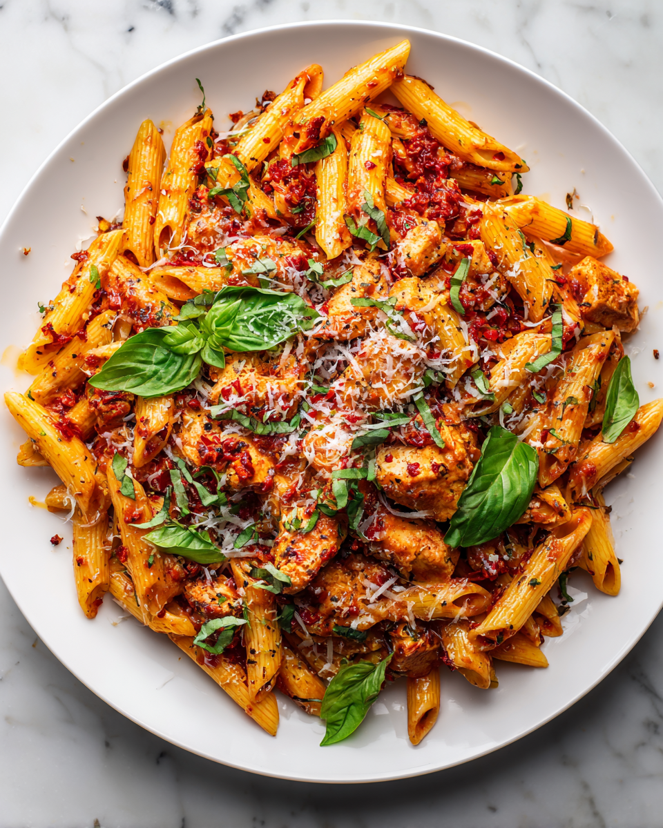 Delicious Chicken Penne Arrabbiata with sautéed chicken, spicy tomato sauce, and vibrant garnishes, perfect for cozy dinners.