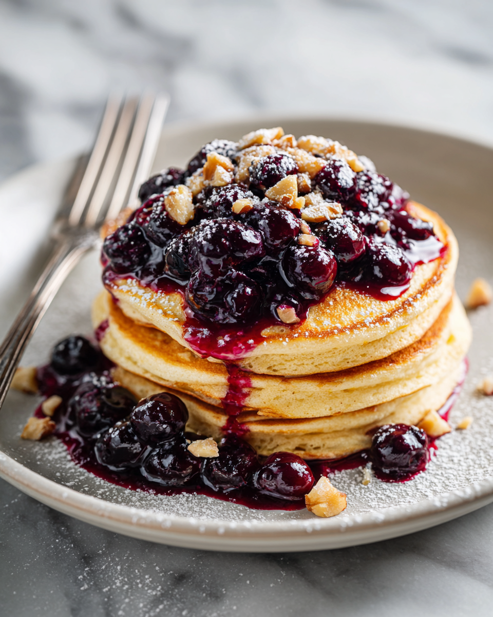 Fluffy chickpea flour pancakes topped with blueberry compote served on a white plate, perfect for a gluten-free brunch.