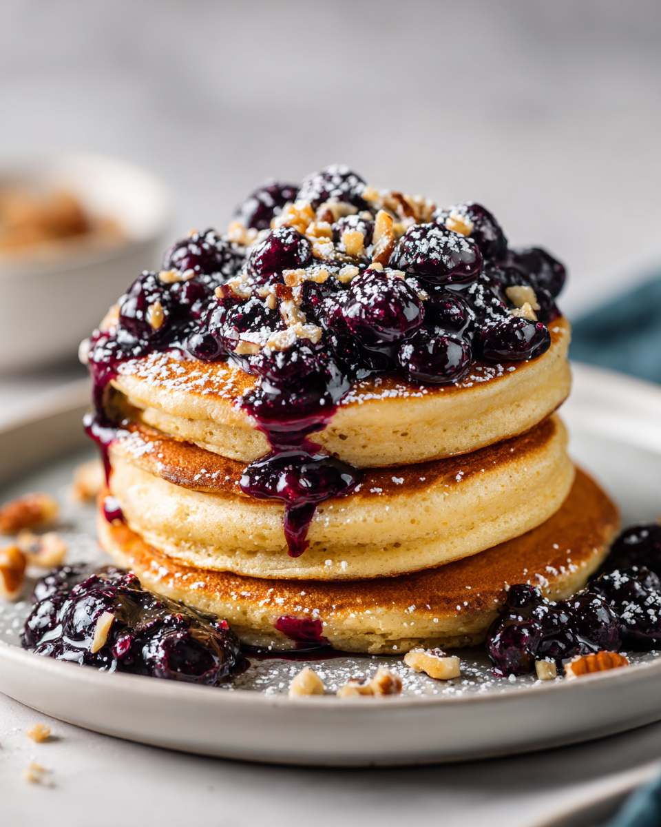 Fluffy chickpea flour pancakes topped with blueberry compote served on a white plate, perfect for a gluten-free brunch.