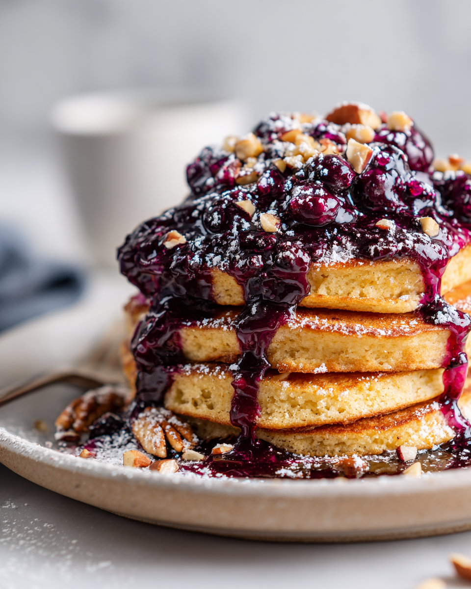 Fluffy chickpea flour pancakes topped with blueberry compote served on a white plate, perfect for a gluten-free brunch.