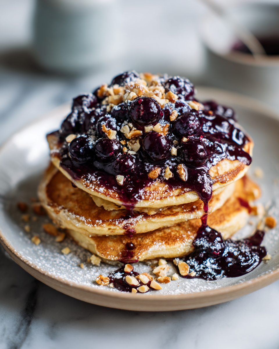 Fluffy chickpea flour pancakes topped with blueberry compote served on a white plate, perfect for a gluten-free brunch.