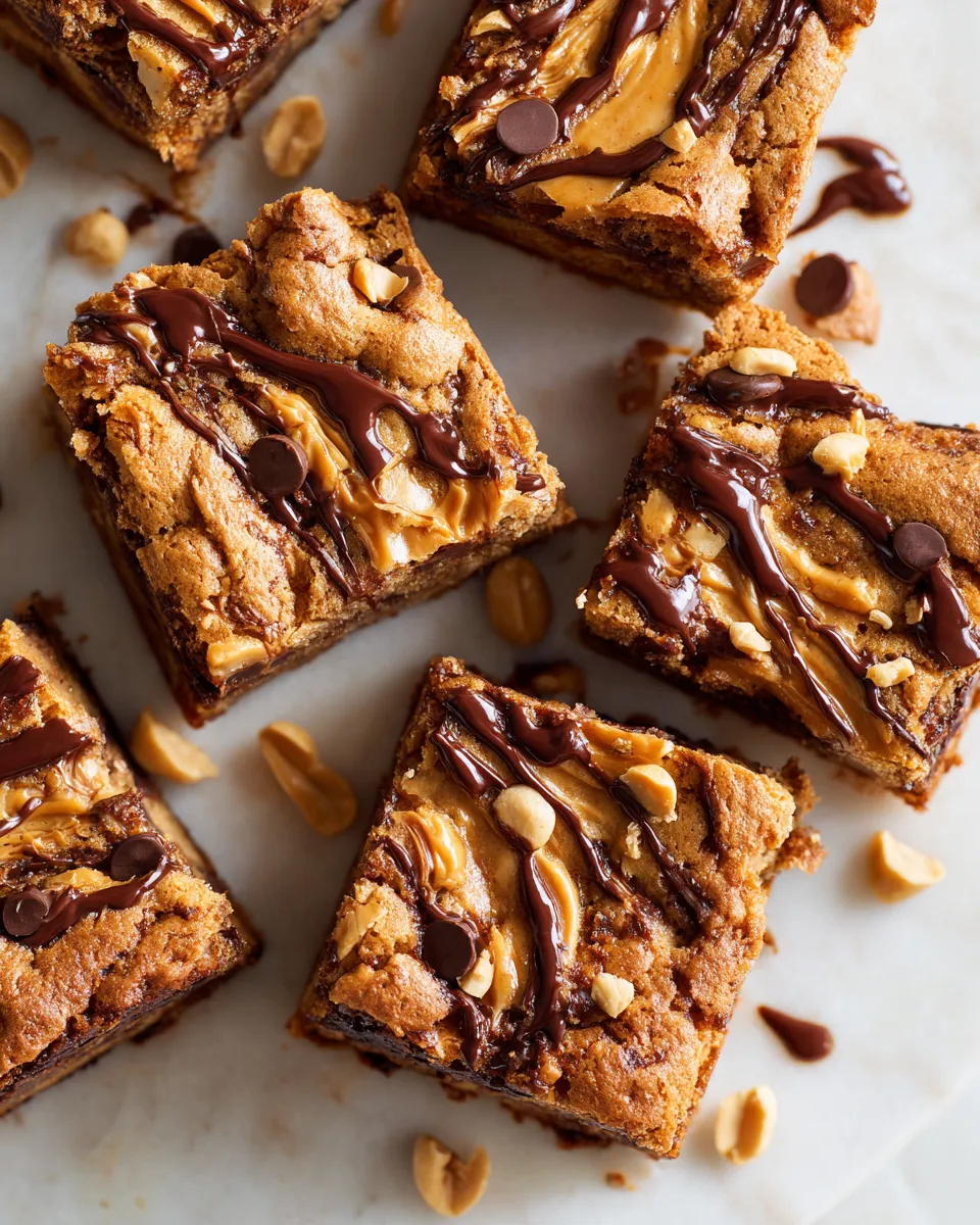 Delicious chocolate chip peanut butter blondies baked to perfection, featuring rich peanut butter and melty chocolate, a fall favorite dessert.